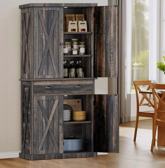 72'' Freestanding Kitchen Pantry Cabinet Cupboard w/4 Doors Adjustable Shelves